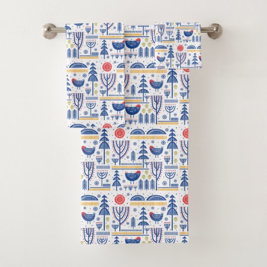 民芸の冬の鳥パターン バスタオルセット (インサイチュ)