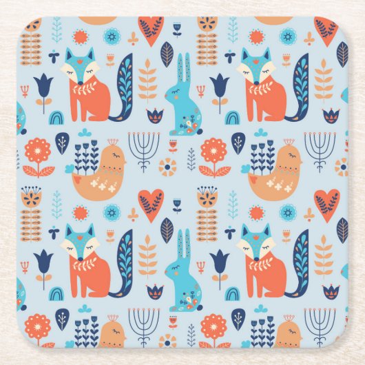 民芸の森林動物パターン スクエアペーパーコースター (正面)