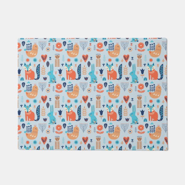 民芸の森林動物パターン ドアマット (正面)