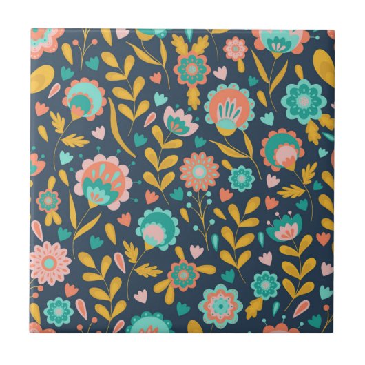 民芸の花模様 タイル (正面)