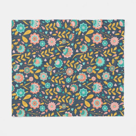 民芸の花模様 フリースブランケット (正面(横))