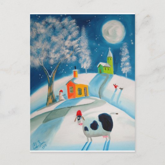 民芸の雪場面牛月 ポストカード (正面)