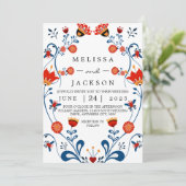 民芸風のウェディング招待状（青と赤） 招待状 (スタンド正面)