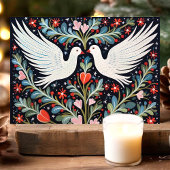 民芸風の鳩と花のクリスマス シーズンカード