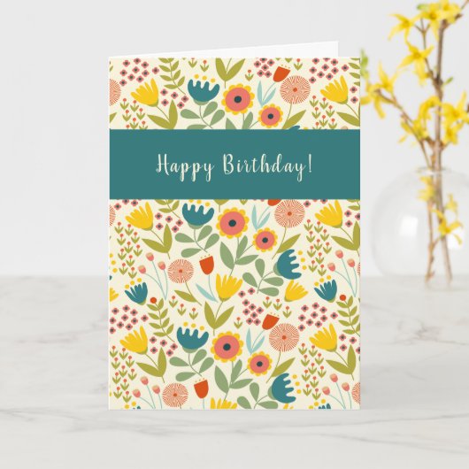 民芸風 花柄 ハッピーバースデー 年齢を追加 カード (黄色い花)