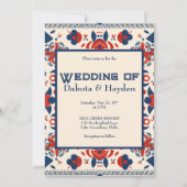 民芸 花柄 赤、白、青 招待状 (正面)