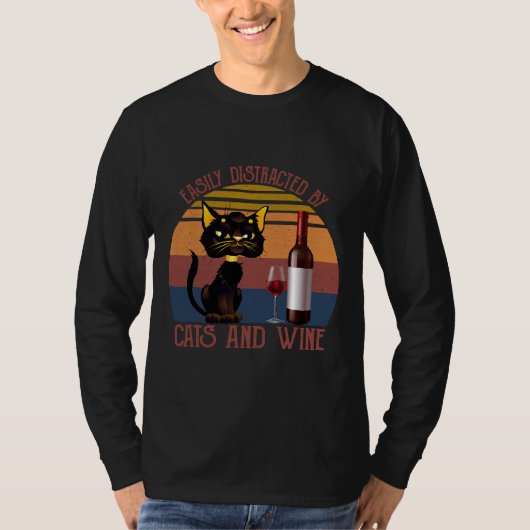 気が散りやすい猫ワイン猫 Tシャツ (正面)
