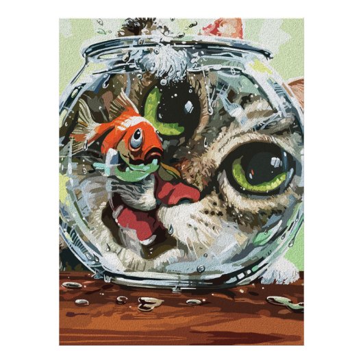 気になるネコと警戒する金魚 フォトプリント (正面)