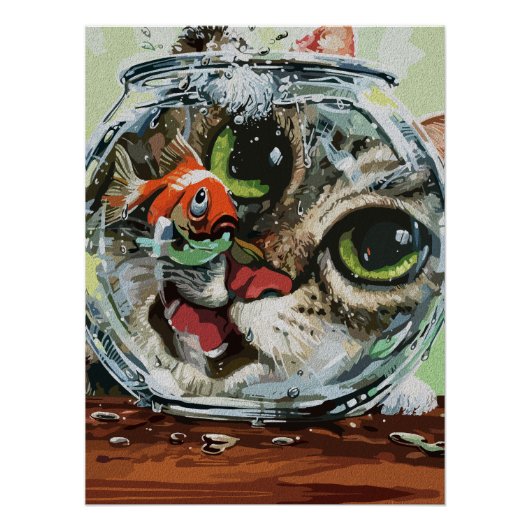 気になるネコと警戒する金魚 ポスター (正面)