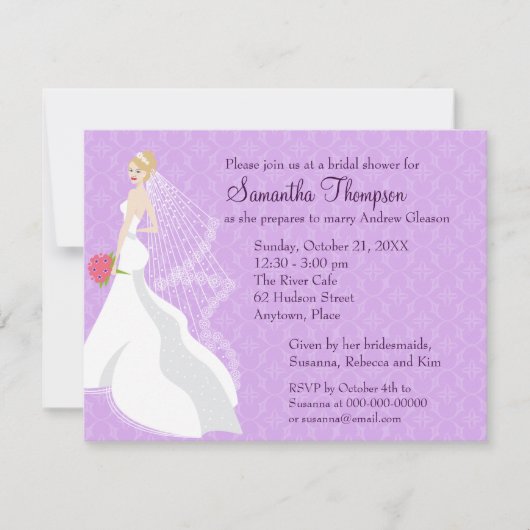 気のあるそぶりをしたなブロンドの薄紫のブライダルシャワー 招待状 (正面)