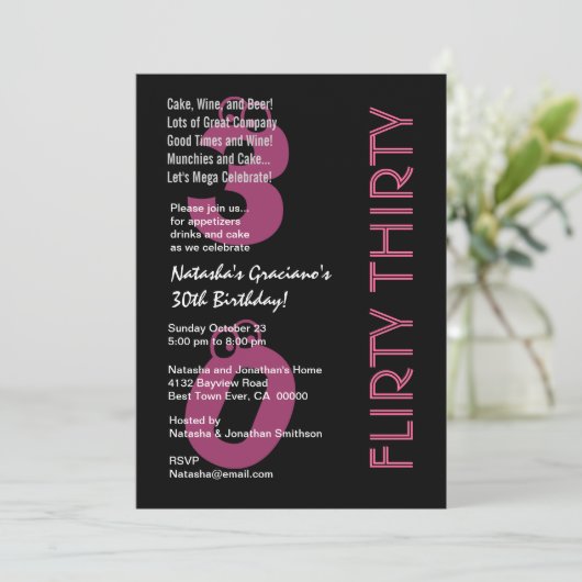 気のあるそぶりをしたな30誕生日の白黒のピンクのテンプレート 招待状 (スタンド正面)