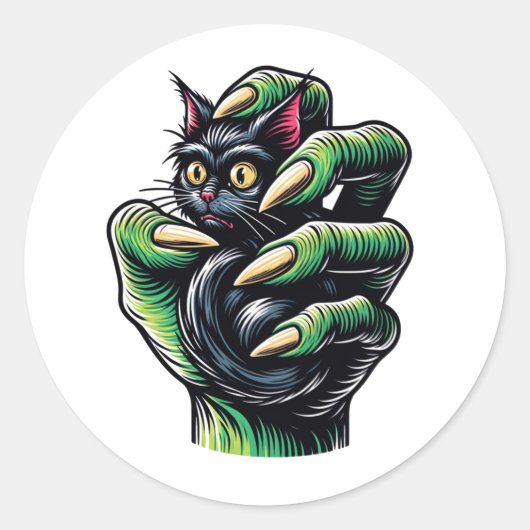 気の利いた手に引っかかる黒猫 ラウンドシール (正面)