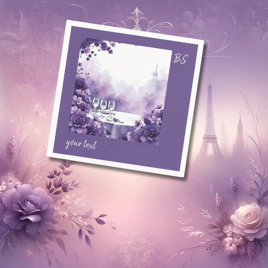 気まぐれなエッフェル塔のウェディングに紫の花が咲き誇る スタンダードカクテルナプキン