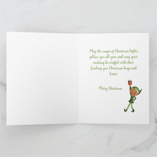 気まぐれなエルフが贈り物と鳥を持ってクリスマスカード カード (内部)