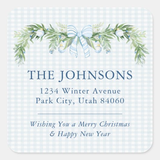 気まぐれなグランドミレニアルのギンガムブルーのリボンのガーランド スクエアシール (正面)