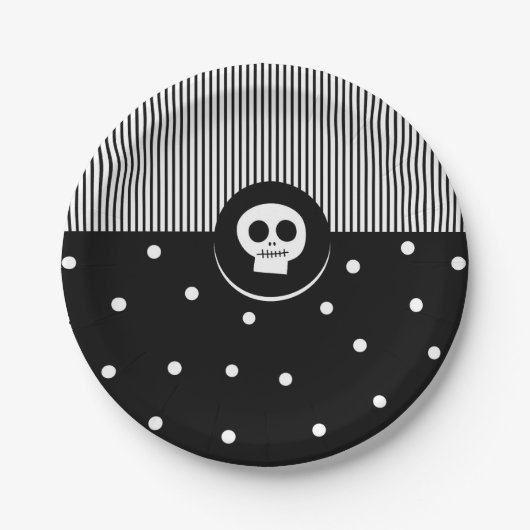 気まぐれなドクロ 黒と白の水玉とストライプ ペーパープレート (正面)