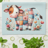 気まぐれなパッチワークの牛に花のアクセント キッチンタオル (折り畳み)