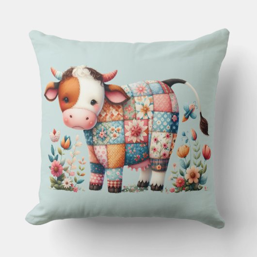気まぐれなパッチワークの牛に花のアクセント クッション (正面)