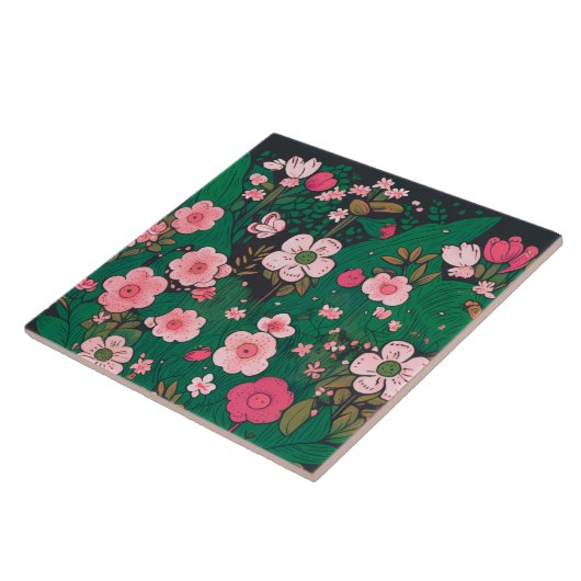 気まぐれなピンクの花のセラミックタイル タイル (側面)