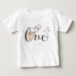 気まぐれなピンクの赤ちゃん女の子の1歳の誕生日写真 ベビーTシャツ