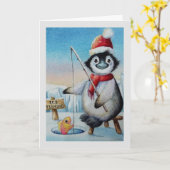 気まぐれなペンギンの氷釣り 水彩画アート カード (黄色い花)