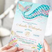 気まぐれな人魚の少女のベビーシャワー　ターコイズピンクゴールド 招待状