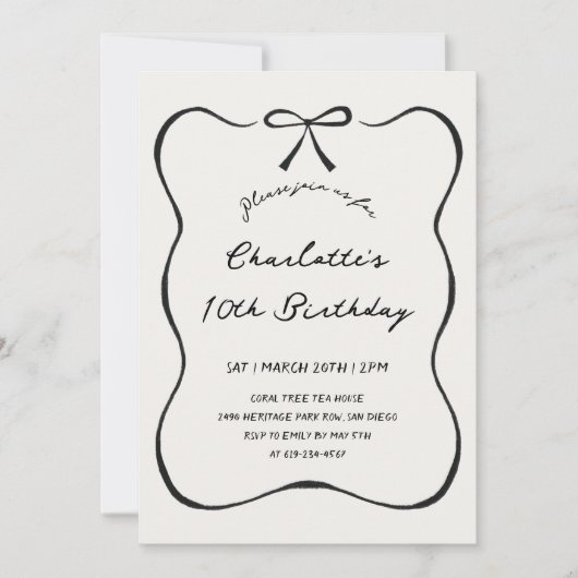 気まぐれな手描きの黒いリボンの誕生日招待状 招待状 (正面)