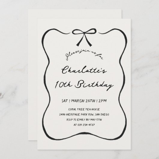 気まぐれな手描きの黒いリボンの誕生日招待状 招待状 (正面/裏面)