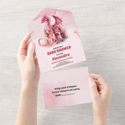 気まぐれな水彩画のピンクのドラゴン ベイビーシャワー オールインワン招待状 (貼ってはがせる)