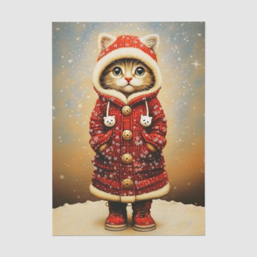 気まぐれな猫、赤いコート、雪 EJ5 デコパージュ 薄葉紙 (正面)