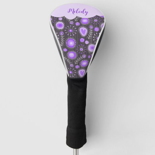 気まぐれな紫灰色のハートと花のフローラルネーム ゴルフヘッドカバー (正面)