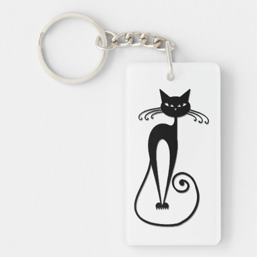 気まぐれな細身の黒猫 キーホルダー (正面)