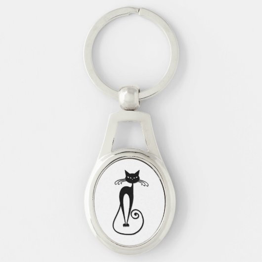 気まぐれな細身の黒猫 キーホルダー (正面)