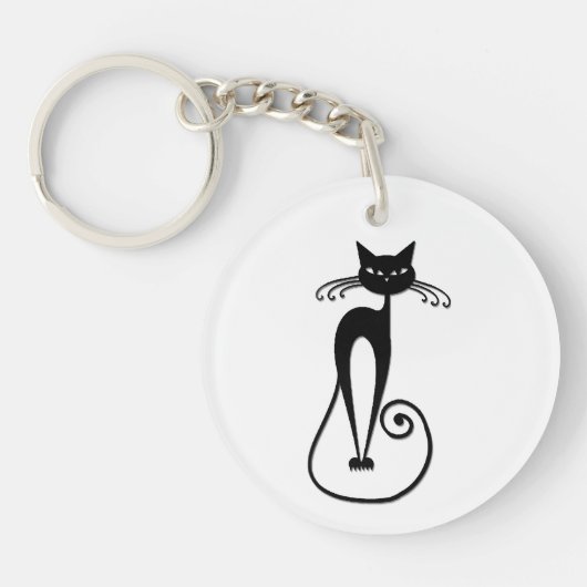 気まぐれな細身の黒猫 キーホルダー (正面)