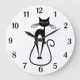 気まぐれな細身の黒猫 ブラックナンバー ラージ壁時計