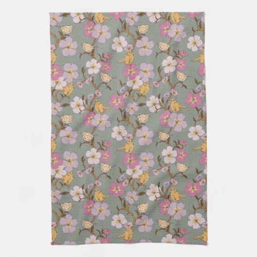 気まぐれな花と鳥の垂れ下がるデザインのキッチンタオル キッチンタオル (縦)