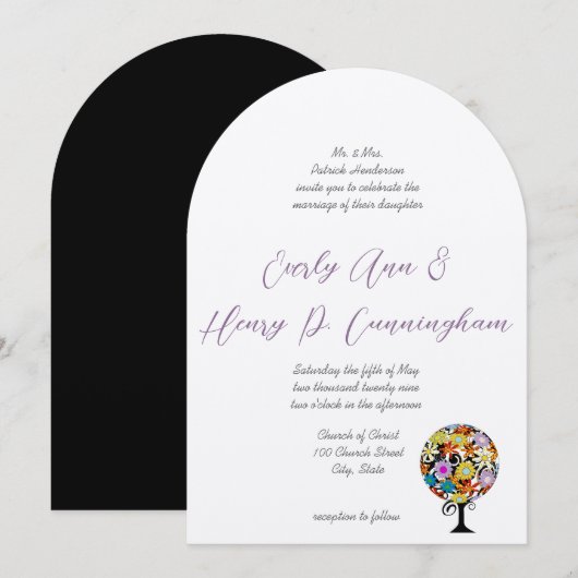 気まぐれな花の愛の木 ウェディング招待状 招待状 (正面/裏面)