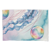 気まぐれな虹色のクラゲ 水彩デザイン 枕カバー (正面)