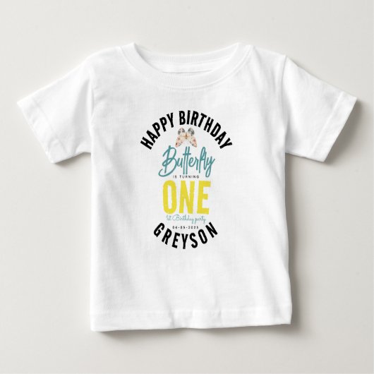 気まぐれな蝶 花の1歳の誕生日 ベビーTシャツ (正面)
