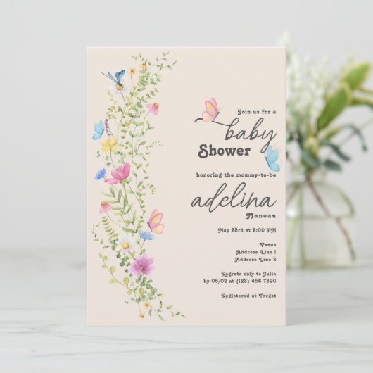 気まぐれな野生の花と蝶の庭のベイビーシャワー 招待状 (スタンド正面)