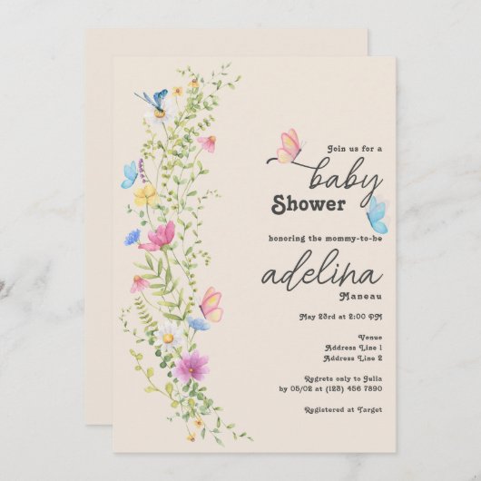 気まぐれな野生の花と蝶の庭のベイビーシャワー 招待状 (正面/裏面)