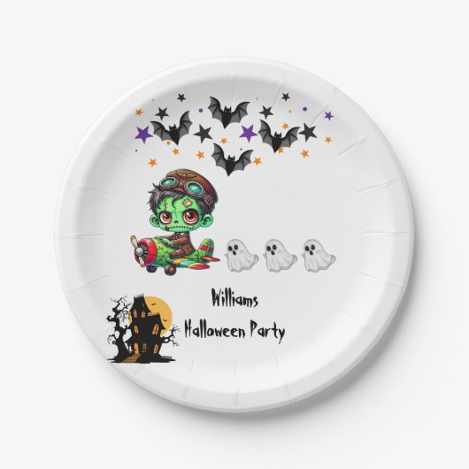 気まぐれゾンビパイロット飛行機かわいい幽霊とコウモリ ペーパープレート (正面)