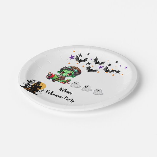 気まぐれゾンビパイロット飛行機かわいい幽霊とコウモリ ペーパープレート (アングル)