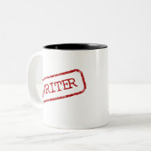 「気をつけて、さもないと僕の小説に書き込まれちゃうよ」 ツートーンマグカップ (正面左)