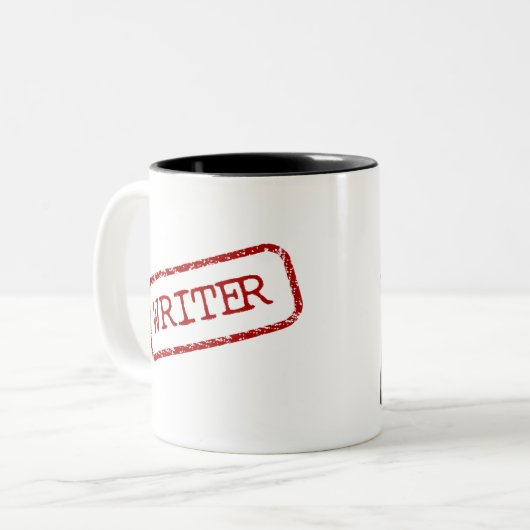 「気をつけて、さもないと僕の小説に書き込まれちゃうよ」 ツートーンマグカップ (正面左)