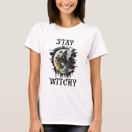 気を失わない |ハロウィーンの魔女と満月 Tシャツ (正面)