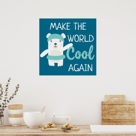 気候変動を止めろ!泳ぐクマのプールリングを持つ白熊 ポスター (キッチン)