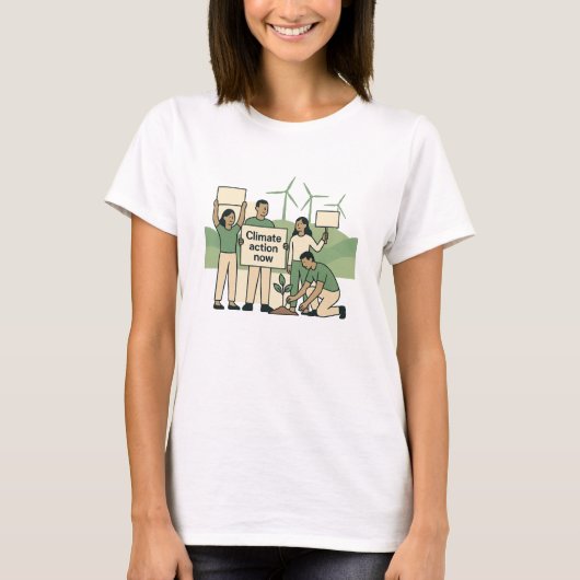 気候変動対策は今すぐ!大胆なグリーンの抗議デザイン Tシャツ (正面)