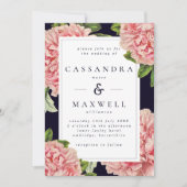 気分が変わりやすいヴィンテージ ネイビー & ピンク 牡丹の結婚式 招待状 (正面)