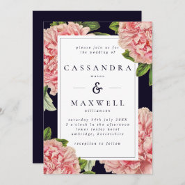 気分が変わりやすいヴィンテージ ネイビー & ピンク 牡丹 ウェディング 招待状